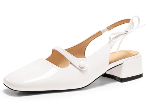 Image of Coutgo Womens Mary Jane Shoes Slingback Chunky Low Heels Bow Closed Square Toe Pumps Wedding Party Dress Shoes