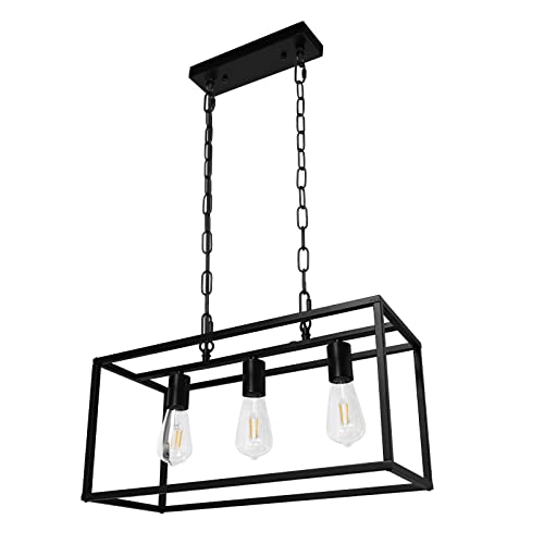 Get Special Price Black Farmhouse Kitchen Island Lighting Modern Linear Chandelier Industrial Dining Room Rectangular Light Fixtures for Living Room Foyer Bar (Black, 3-Light)