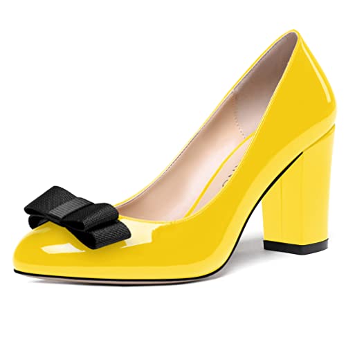 WAYDERNS Women's Patent Bow Decorated Round Toe Slip On Block High Heel Pumps Shoes 3.5 Inch