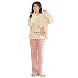 [Yogwoo] レディース 春秋用 綿混エアコットン ルーズフィット 上下セットパジャマ キルトニット カジュアル部屋着 長袖 寢巻き便利服 L
