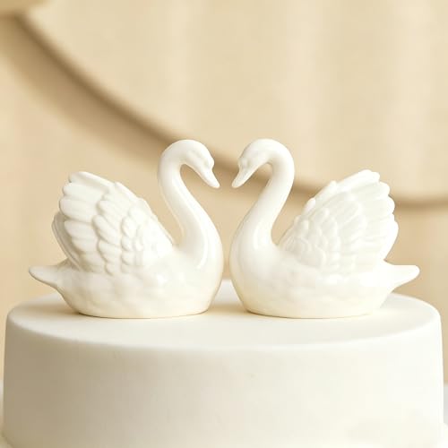 2PCS White Swan Figurines Cake Toppers Elegant Ceramic Swan Couple Statues for Wedding Decor Modern Minimalist Romantic Art Knick Knacks for Home Office Dresser Shelf Shelves Fireplace Dcoration