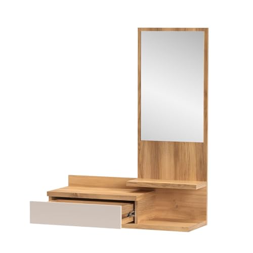 PEGANE Console Meuble d'entrée avec 1 tiroir et Miroir Coloris Beige/chêne Mauvella - Longueur 81 x Hauteur 116 x Profondeur 27,4 cm