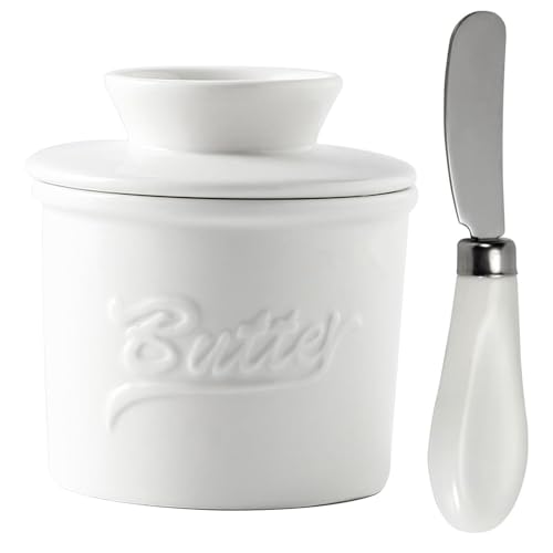 Tarro Mantequilla con Tapa, Cuchillo Untar, Mantequillera Francesa Agua Refrigerado, Crock Mantequera Cerámica Francesa Cocina, Recipiente Almacenamiento Mantequilla Blanda Sabor Fresca(Blanco)