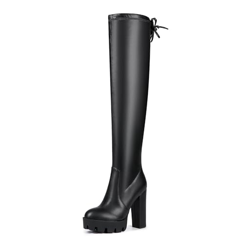 Women's Black Sexy Over The Knee Thigh High Chunky Heel Boots Round Toe Long Stretch Fashion Winter Boots2