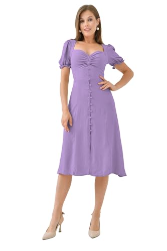 Image of Shasmi Girl's & Women's Solid Midi Dress - Elegant Square Neck Button-Down Dress with Puff Short Sleeves | Stylish Casual & Party & Office Wear Outfit (Dress 105)