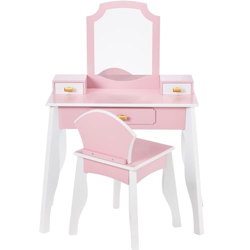 Best Choice Products Kids Wooden Pretend Play Vanity and Chair Set w/Mirror, Little Girls Makeup Table for Toddlers with 3 Storage Drawers, Pink