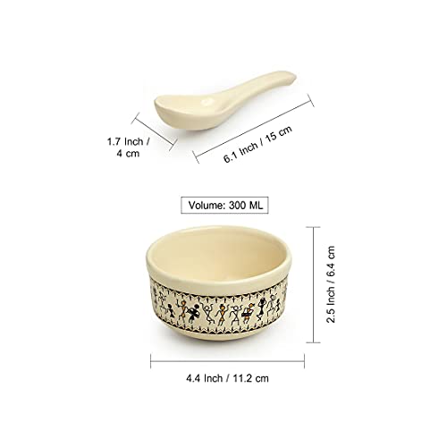 Image of ExclusiveLane 'Warli Village Tales' Handpainted Ceramic Soup Bowl with Spoon Set of 2 (300 ml, Dishwasher & Microwave Safe Bowls, Beige)|Soup Bowl Ceramic Bowl Set of 2 Soup Bowl Set for Kitchen