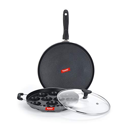 Image of SUMEET Aluminium NonStick Argent Cookware Set (Silver, Dosa Tawa - 26.5Cm , Grill Appam Patra with Glass Lid - 12 Cavity - 22cm Dia)