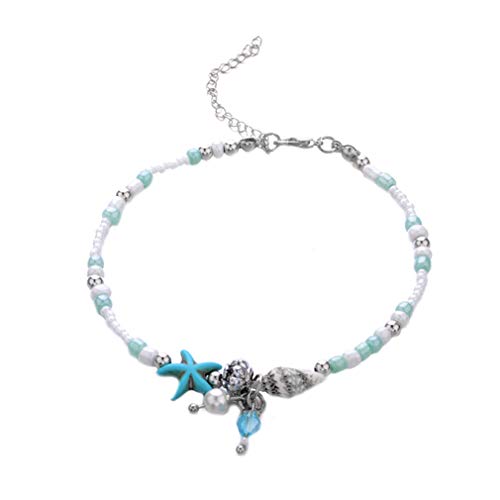 Timetries Blue Starfish Turtle Anklet Multilayer Charm Beads Sea Handmade Boho Anklet Foot Jewelry for Women Girl, Silver