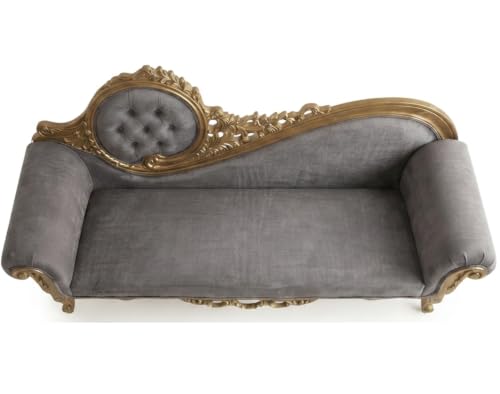 Image of Victorian Style Chaise Lounge, Tufted Cream Upholstery, Mahogany Wood Frame, Classic Living Room Furniture (Grey)