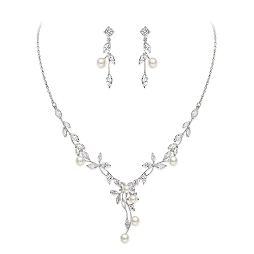 Image of EVER FAITH Wedding Cubic Zirconia Jewelry Set for Women, Marquise White Simulated Pearl Floral Vine Bridal Prom Necklace Earrings for Bride