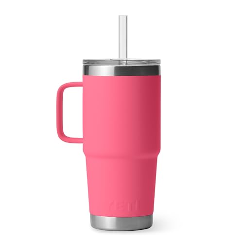 Image of YETI Rambler 25 oz Tumbler with Handle and Straw Lid, Travel Mug Water Tumbler, Vacuum Insulated Cup with Handle, Stainless Steel, Tropical Pink