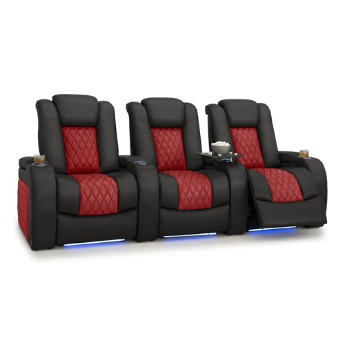 Image of Seatcraft Diamante Black /Red Italian Leather Home Theater Seating, Zero Gravity Power Recliner, Gaming and Home Office Chair, Powered Headrest Furniture for Family Cinema Room, Row of 3