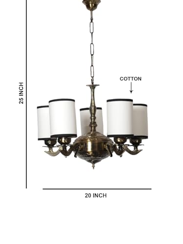 Image of Devansh 05 Lights White & Black Round Cotton Shade with Antique Golden Chandelier