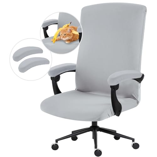 Image of DIVA EN CAMINO DEC Stretch Computer Office Chair Cover with Armrest Covers Durable Zipper Universal Spandex Rotating Boss Chair Slipcovers Anti-dust Soft Desk Chair Seat Protector, Light Gray