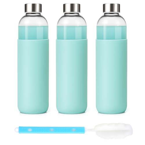 Image of Luxfuel 32 oz Glass Water Bottles with Lids and Silicone Sleeve 3 Pack | Leak Proof Stainless Steel Lids, BPA Free, Reusable Glass Bottles for Juicing, Smoothies & Refrigerator, Dishwasher Safe
