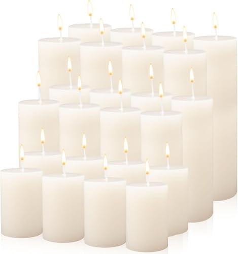 24er-Set Stumpenkerzen in Elfenbein, Duftfreie, 3 Größen, Tropf- & Raucharme Wachskerzen für Hochzeit, Notfall-Laternen, Andacht, Zeremonie, Party, Home-Deko, mit 24|45|60 Stunden Brenndauer