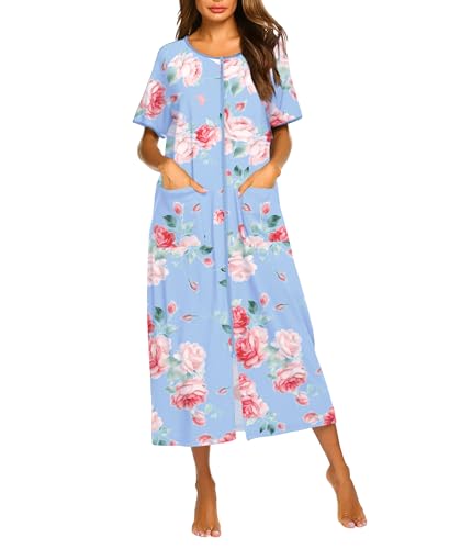 Image of Ekouaer Women Robe Zipper Short Sleeves Full Length House Coat with Pockets