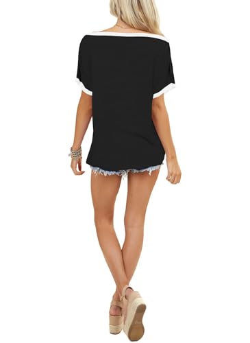LEEDYA Off The Shoulder Tops for Women Summer Sexy Short Sleeve Color Block T-Shirts Casual Oversized Batwing Tunic Top4