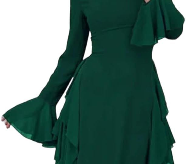 Ladies' Elegant Stand up Collar Ruffle Chiffon Dress with Flared Sleeves and Waist Cinched Long Banquet Dress