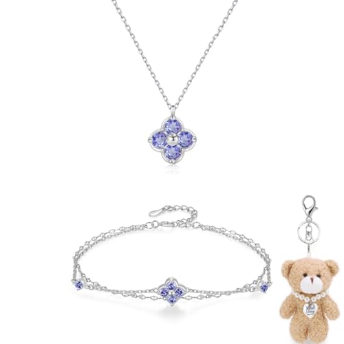 [FH.bird] タンザナイト ネックレス ブレスレット セット シルバー925 金属アレルギー対応ネックレス クローバー 12月誕生石 2連 ブレスレット レディース 12月記念日 誕生日 クリスマスプレゼント 女性 人気