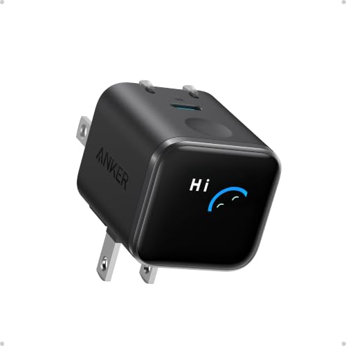 Black Anker Nano Smart Display 45W USB-C charger for fast charging an iPhone 17 Pro Max