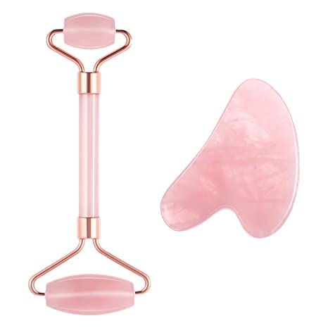 Rose Quartz Jade Roller Gua Sha Set - Facial Skin Care Set, Facial Beauty Tools, Natural Beauty Skin Care Tools, Face Roller Massager for Face, Neck, and Eye Treatment