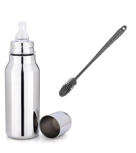 Image of Steel 304 Grade Feeding Bottle with Soft Silicone Nipple, Silver, 250 ml, (Silver Pack of 1)