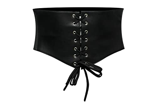 Black Tied Waspie Corset Belt Sheep Leather Waist Cincher Elastic Belts Wide Band Belts for Women