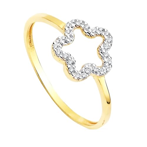 Bague en or bicolore 9k fleurs oxydes éclatants et design ajouré chic