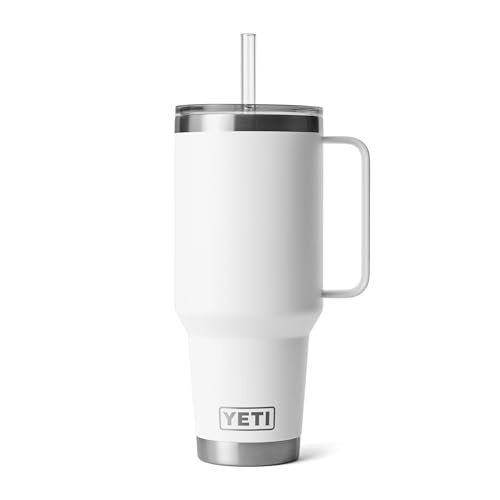 Image of YETI Rambler 42 oz Tumbler with Handle and Straw Lid, Travel Mug Water Tumbler, Vacuum Insulated Cup with Handle, Stainless Steel, White