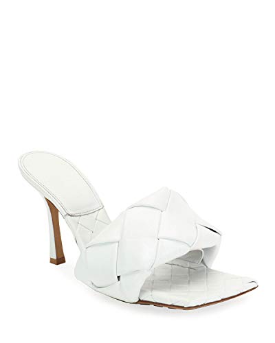Women's Square Open Toe Heeled Woven Leather Mule Sandals Stiletto Slip On Quilted High Heel Shoes