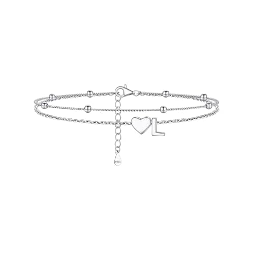 PROSILVER Women Sterling Silver Heart Anklet, A-Z Letter Initial Ankle Bracelet, Adjustable Hypoallergenic Double-Layer Foot Chain for Beach Summer with Gift Box Silver - L