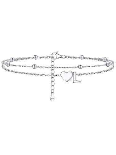 Image of PROSILVER Ankle Bracelets for Women S925 Sterling Silver Anklets for Women Waterproof, Dainty Layered Heart Anklet, Beach Initial Anklet for Summer, Letter A-Z