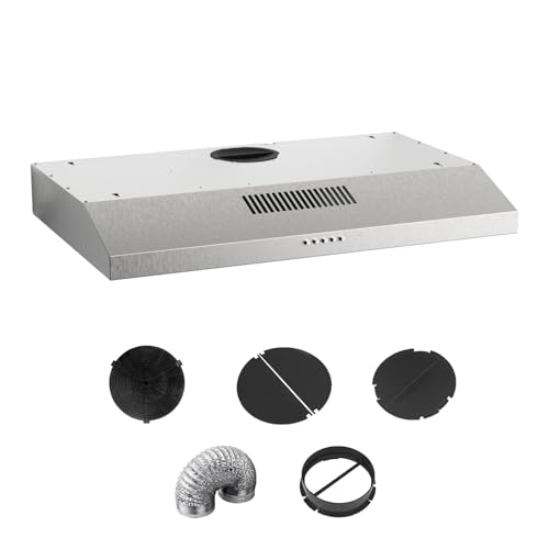 Gveyajo 30 Inch Under Cabinet Range Hood, Ultra-Slim Ductless Vent Hood with 300 CFM Fan, LED Lights, 3-Speed Exhaust, Stainless Steel Kitchen Hood with Charcoal & Mesh Filters