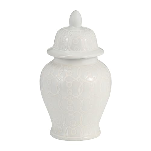 Sagebrook Home Chinoiserie Decorative Ginger Jar with Lid - Stoneware Ceramic Traditional Vase - Elegant Ivory White Home & Office Accent for Living Room, Bedroom, or Entryway - 10.5