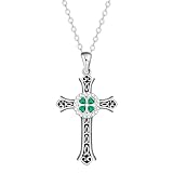IMINI Dainty CZ Clover Cross Necklace for Women - Adjustable 45+5cm Stainless Steel Chain, Emerald Green Crystal Shamrock Pendant, Lucky Charm Choker & Religious Jewellery