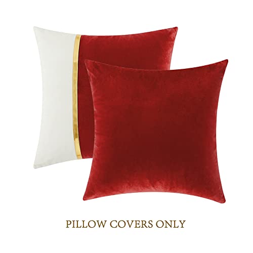 Image of Fancy Homi 2 Packs Christmas Red Throw Pillow Covers 18x18 Inch for Living Room Couch Bed, Red and White Velvet Patchwork with Gold Leather, Christmas Home Decor, Square Cushion Case 45x45 cm