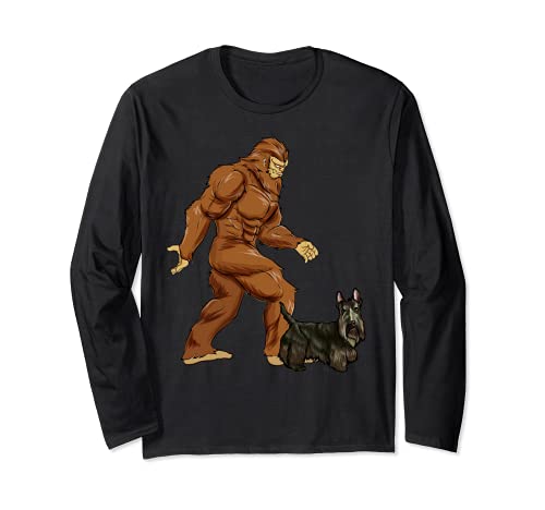 Funny Bigfoot Walking Scottish Terrier Sasquatch Dog Long Sleeve T-Shirt, Black