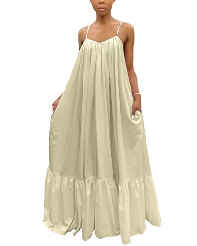 Women's Sexy Spaghetti Strap Sleeveless Ruched Ruffle Hem Bandage Oversized  Beach Loose Long Maxi Swing Dress Apricot S at Amazon Women's Clothing store