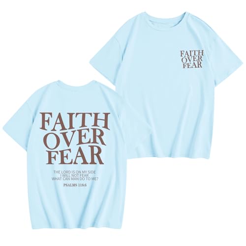 Image of Girls Faith Over Fear Christian Shirts for Kids Jesus God Bible Verse Religious Tshirt Cute Preppy Graphic Tees Tops