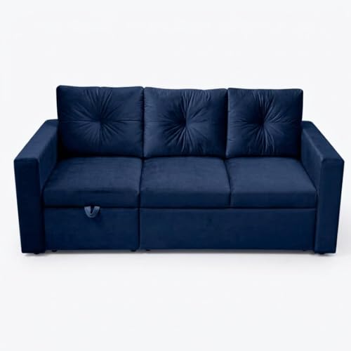 Image of FURNY Tira 4 Seater LHS Lounger Sofa Cum Bed (Dark Blue) with Pull-Out Function | Luxury Velvet Suede Finish | Durable Comfort | Ideal for Living Room