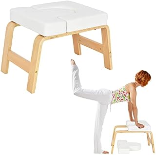 Maxmass Yoga Headstand Chair, Wooden Inversion Training Bench with Detachable PU Pads, Upside Down Stool for Balance Training Core Strength