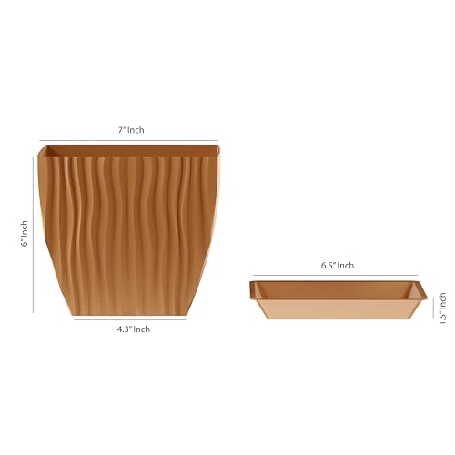 Image of ELUVIA 7-inch Square Planters with Saucers (Set of 5) - Modern Fluted Flower Pots with Drainage Holes and Trays - Premium Plastic Indoor Outdoor Plant Pots for Succulents, Flowers (Wooden)