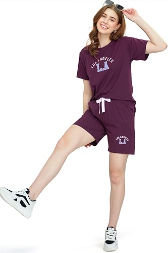 Image of ZEYO - Women's Cotton Typography Printed Night Suit Pajama Set of Top & Shorts