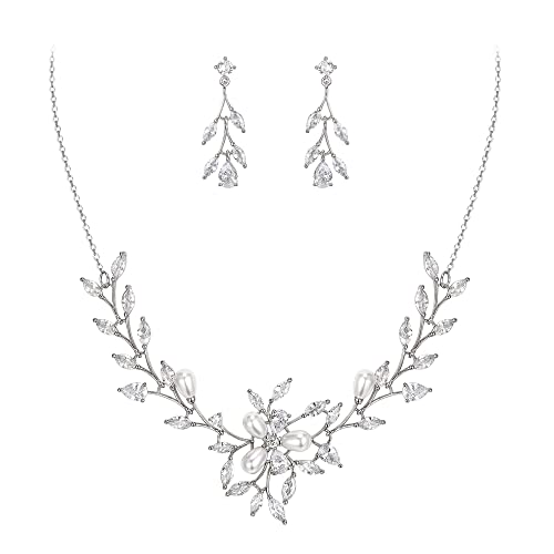 Image of EVER FAITH Wedding Cubic Zirconia Jewelry Set for Women, Marquise White Simulated Pearl Floral Vine Bridal Prom Necklace Earrings for Bride