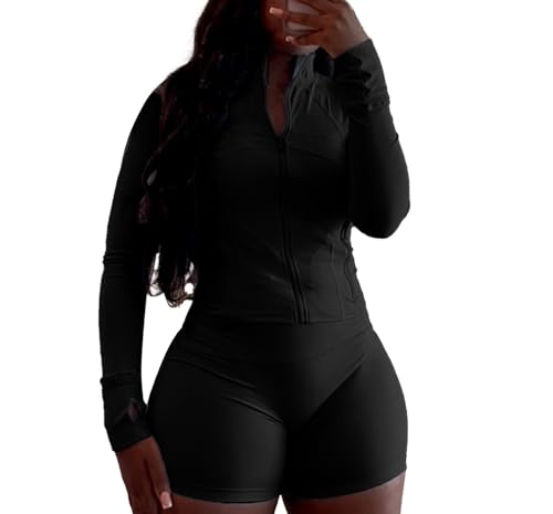 Aceilika Conjunto deportivo de 2 piezas para mujer, conjunto de sudadera de manga larga con cremallera y pantalones cortos para correr, Negro -, Large
