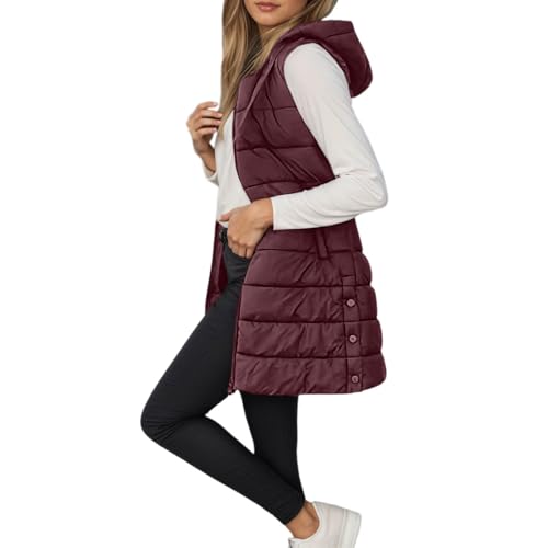 Chaleco Acolchado Mujer Invierno Largo Chaquetas sin Mangas Chaleco de Plumas Abrigos con Capucha Otoño Chaqueta Entretiempo con Cremallera