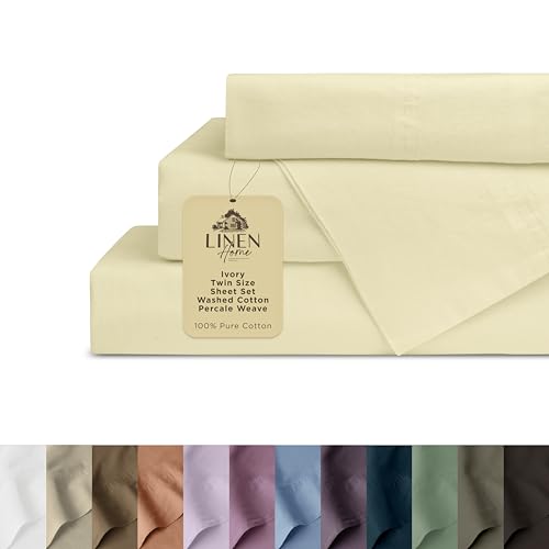 Image of Linen Home Washed Cotton Percale Twin Sheet Set, Ivory, Preshrunk, 3 Pieces Sets - 1 Flat, 1 Deep Pocket Fitted Sheet & 1 Envelope Closure Pillowcase, Soft, Cool and Comfortable Bed Linen