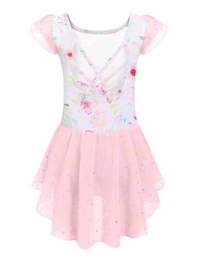 Image of Arshiner Girls Shiny Ruffle Sleeve Ballet Leotard with Skirt Criss-Cross Back Dance Dresses